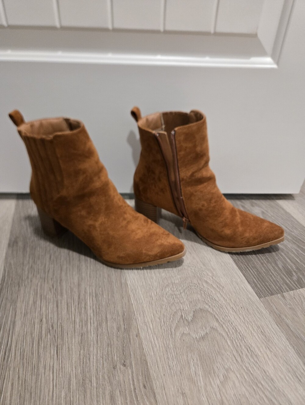 Maurices Suede Pointed Toe Ankle Booties in Cognac